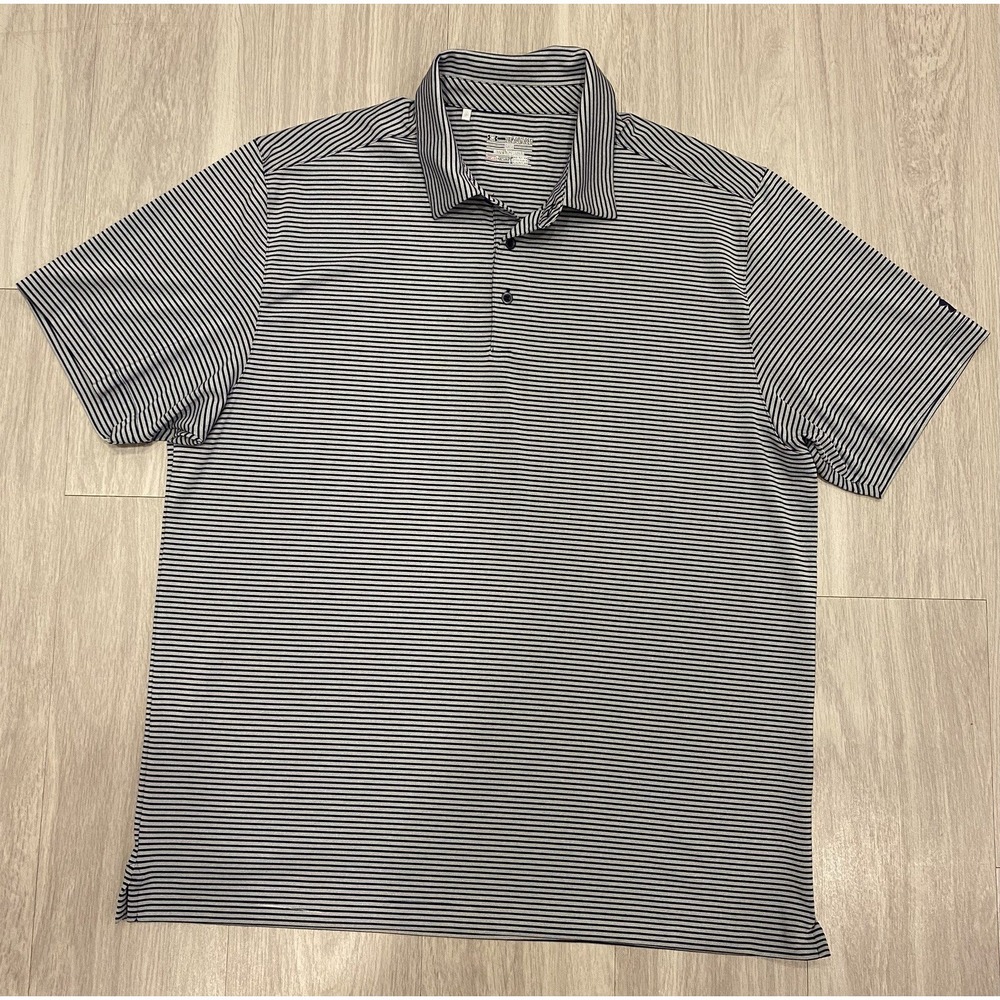 Under Armour Mens Golf polo shirt 2XL XXL Blue‎ Gray Striped Stretch Athletic